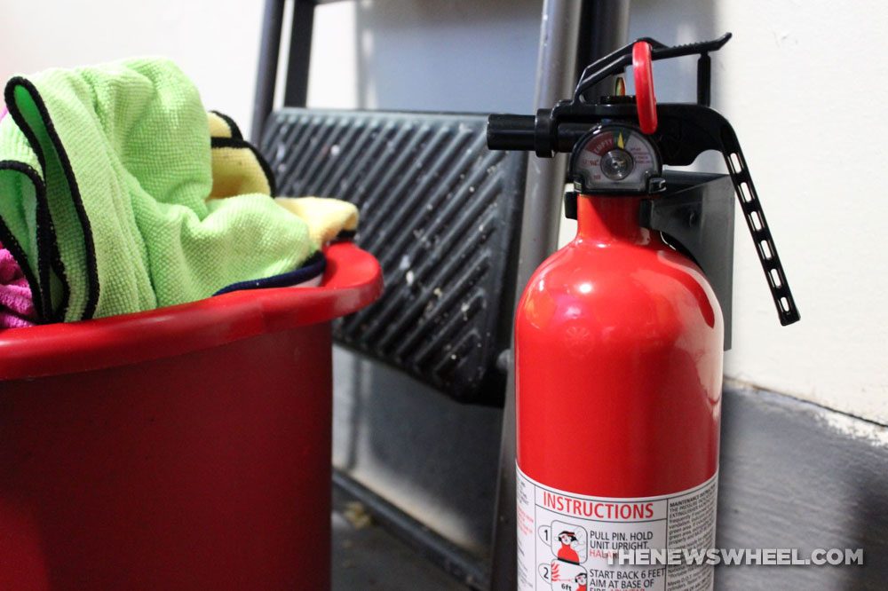 garage tools fire extinguisher safety bucket supplies