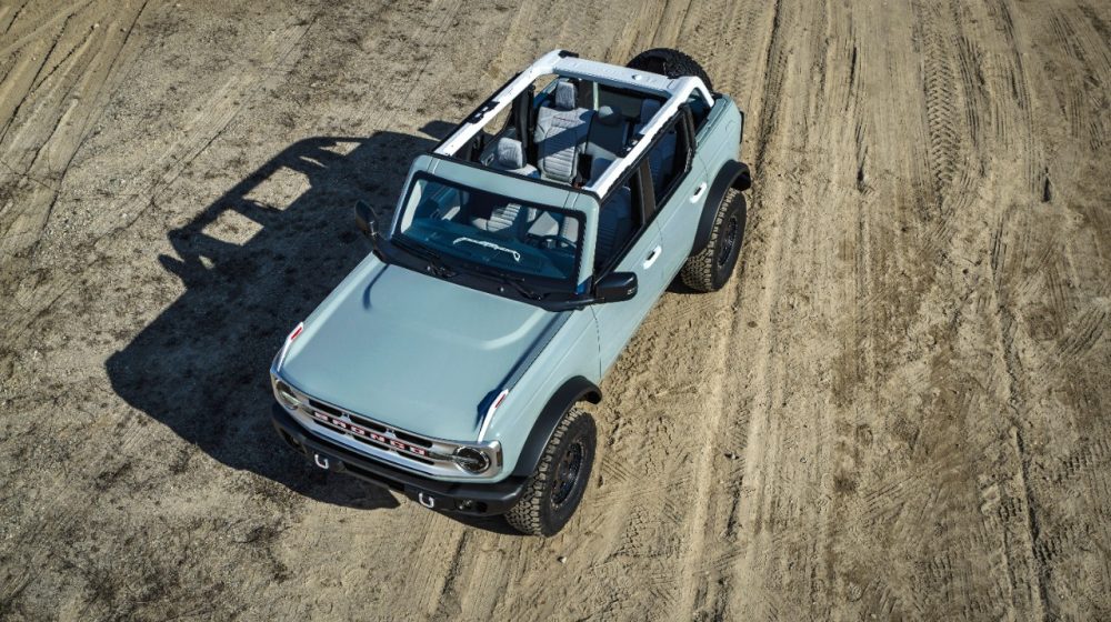 2021 Ford Bronco four-door with the roof removed from a high angle