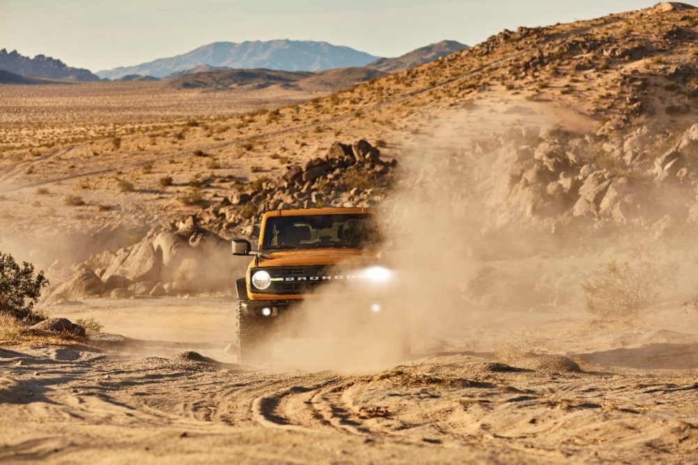 2021 Ford Bronco two-door driving in the desert