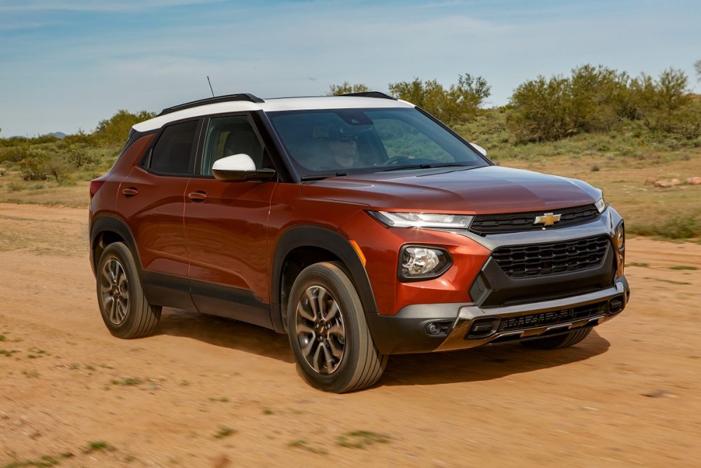 Front side view of 2021 Chevrolet Trailblazer ACTIV on dirt road