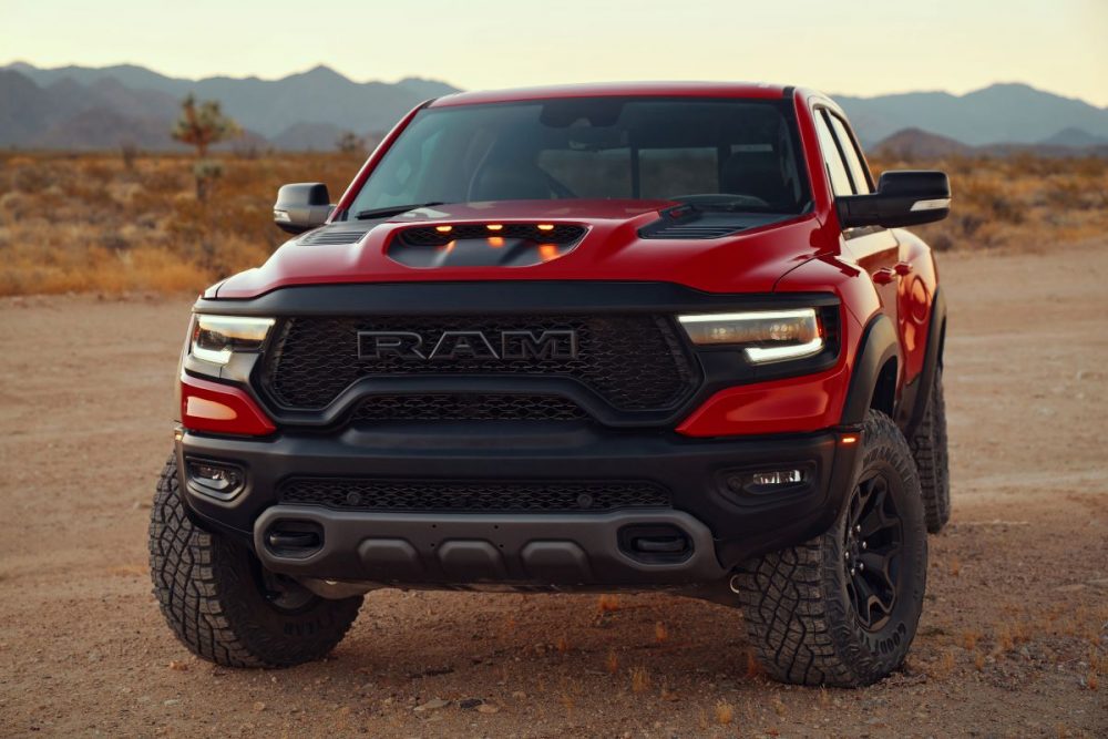 The 2021 Ram 1500 TRX parked on a dirt path