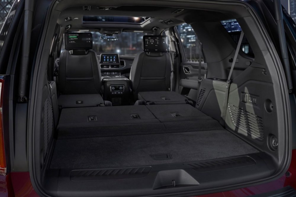 The interior of the 2021 Chevrolet Tahoe with the rear rows folded down