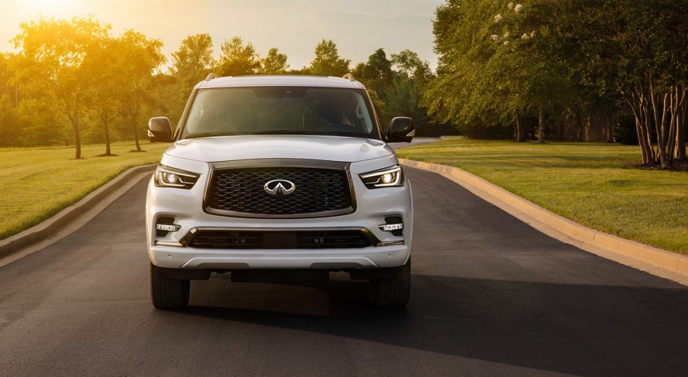 Front view of the 2021 INFINITI QX80 on a road