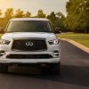 Front view of the 2021 INFINITI QX80 on a road