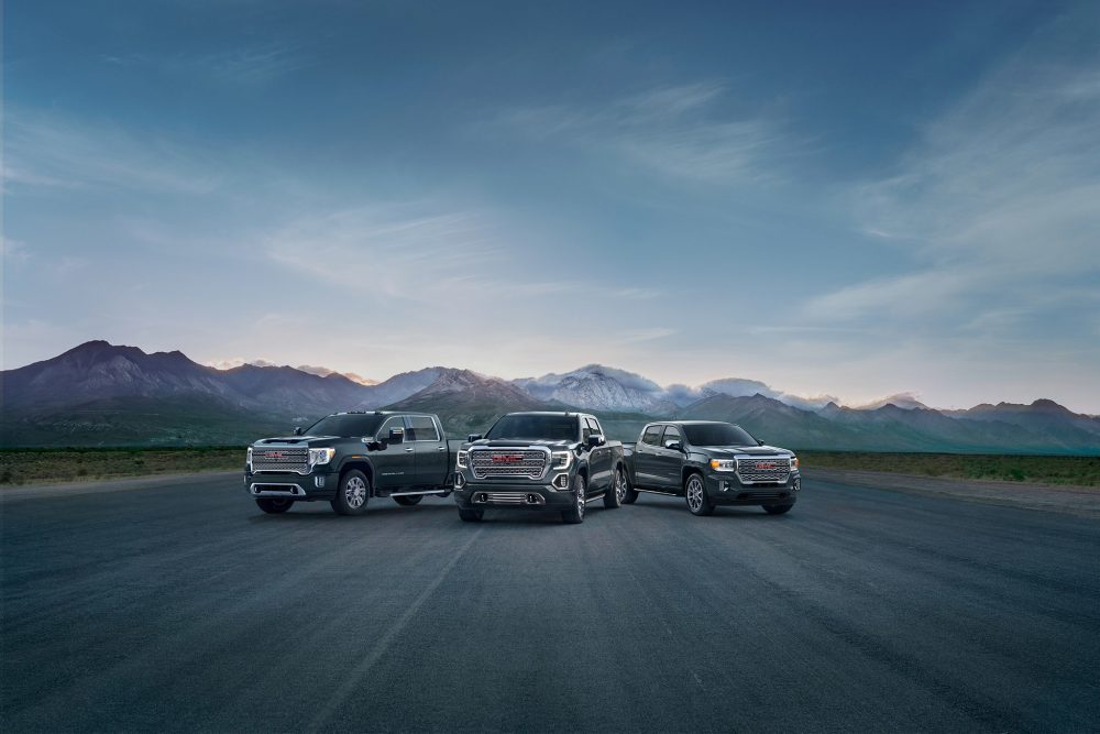 Three models of the 2021 GMC Sierra 2500HD Denali