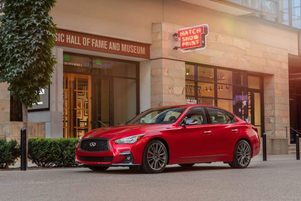 2021 Infiniti Q50 parked in front of a museum