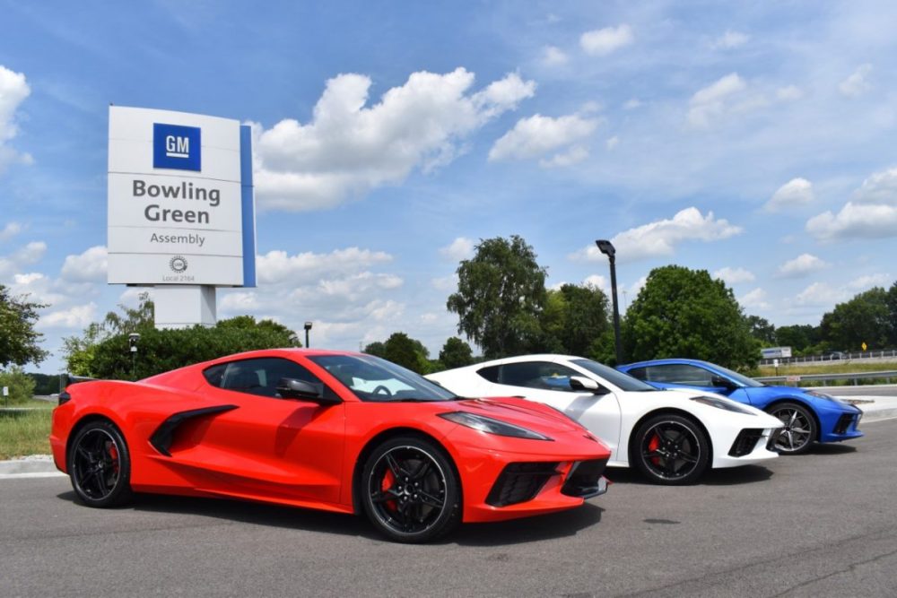 Three Chevrolet Corvette C8s at the Bowling Green Assembly Plant