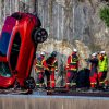 An image of a Volvo car shortly after being dropped 30 meters