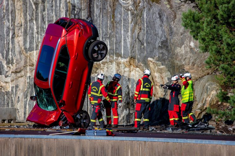 An image of a Volvo car shortly after being dropped 30 meters