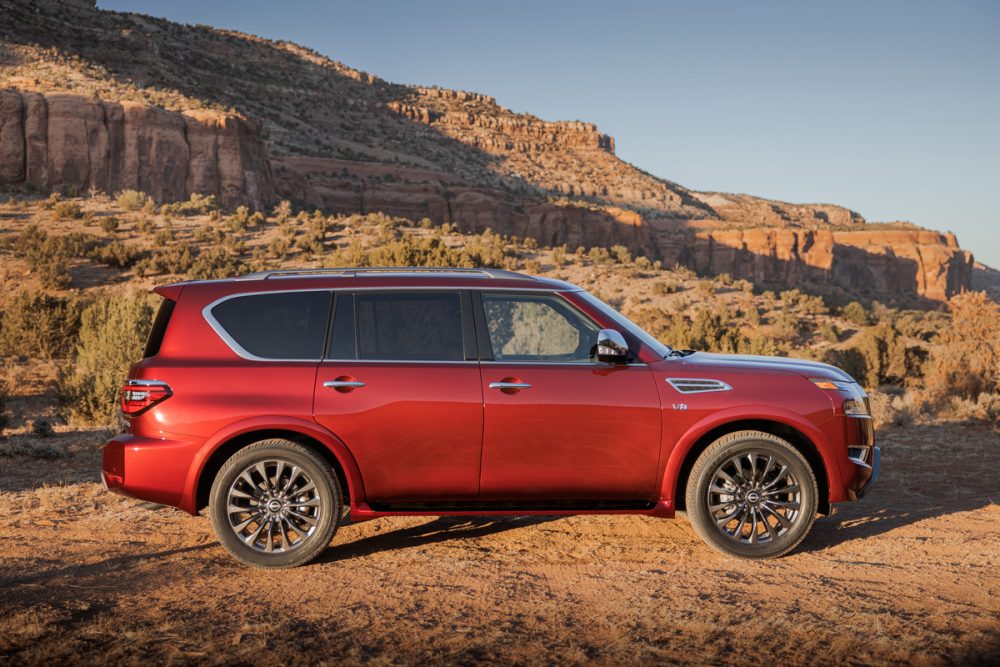 side view of a red 2021 Nissan Armada