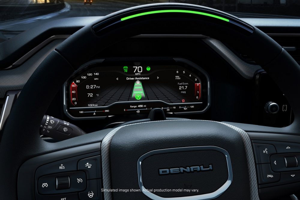 The dashboard of the 2022 GMC Sierra 1500 Denali showing the Super Cruise system