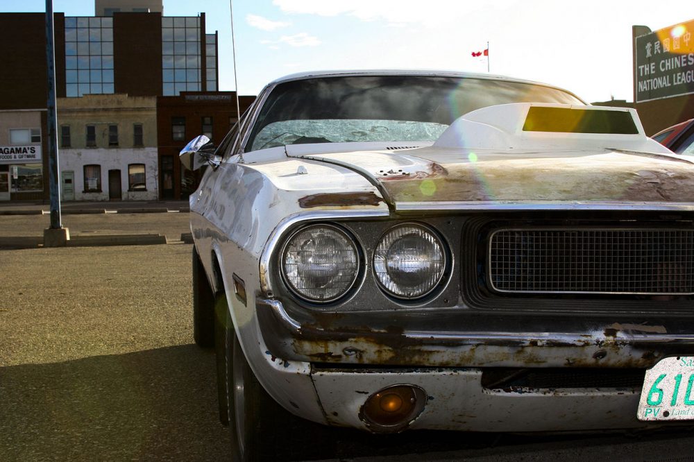 An old car with an intimidating profile