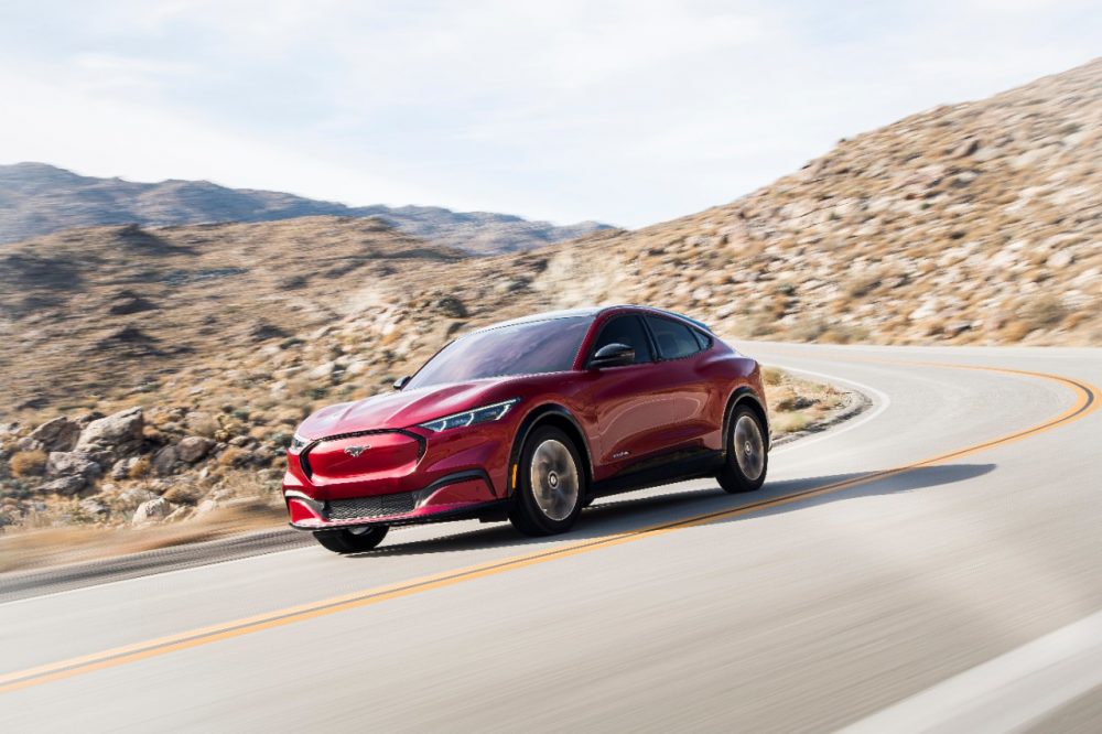 2021 Ford Mustang Mach-E on a desert road | Ford Electrified Vehicle Sales Reach Record High in First Half of 2021