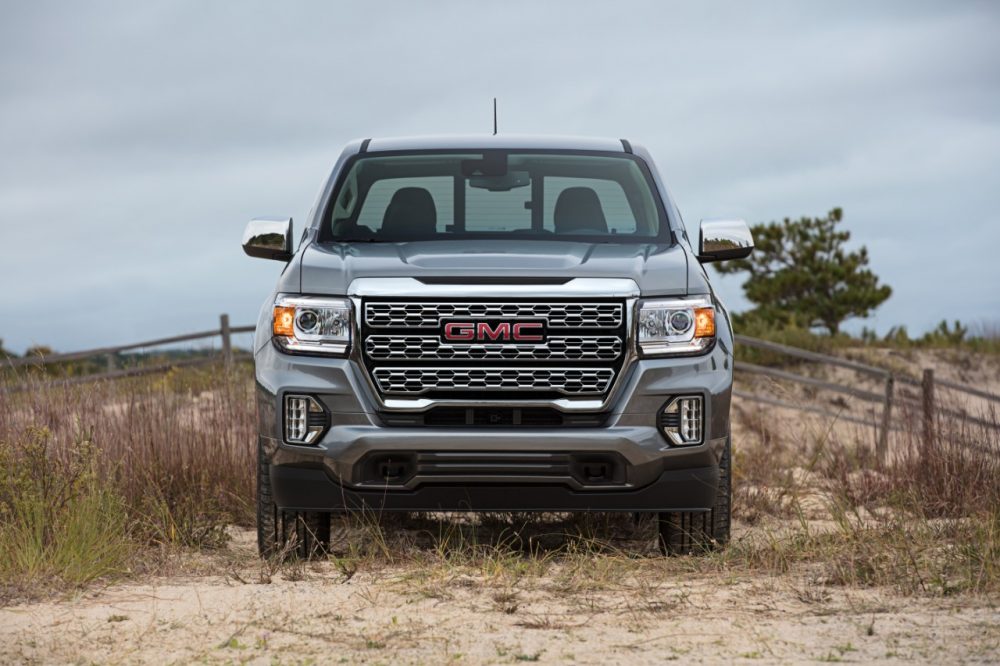 Head-on view of 2021 GMC Canyon Denali in off-road setting