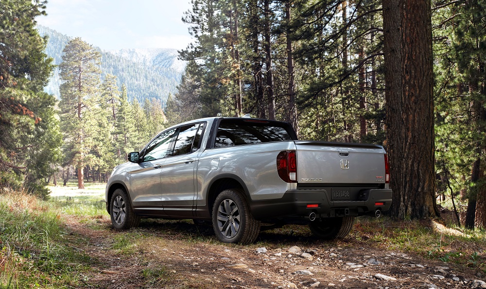 2021 Honda Ridgeline Sport in the forest (rear)