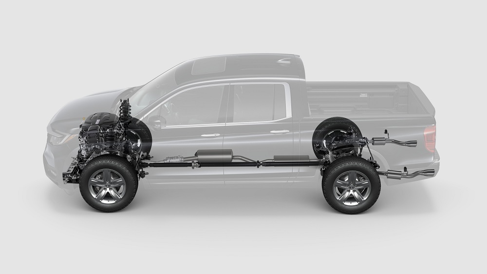 Transparent graphic showing the standard AWD powertrain, the reason Honda Ridgeline pricing went up