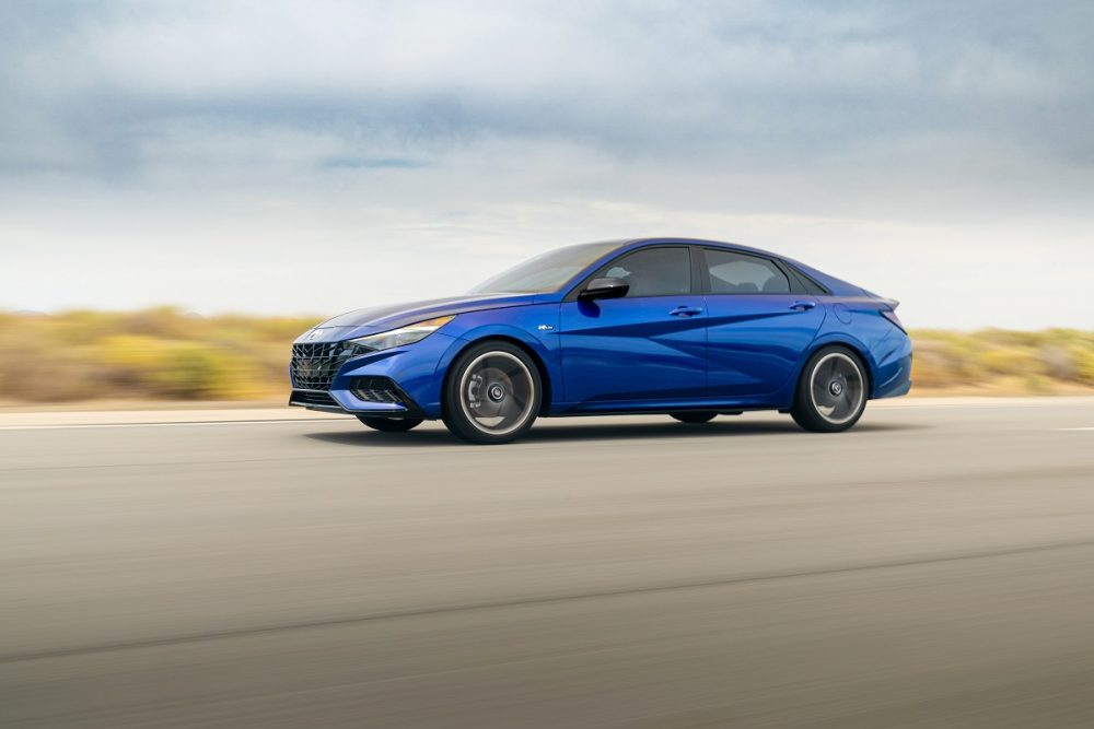 Side view of 2021 Hyundai Elantra N Line driving down road