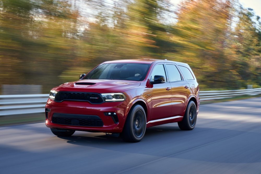 The 2021 Dodge Durango driving on the street