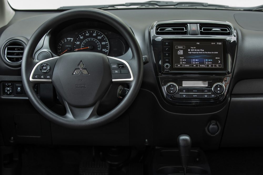 The infotainment system and dashboard of the 2021 Mitsubishi Mirage