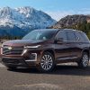 Burgundy 2022 Chevrolet Traverse Premier with mountain backdrop