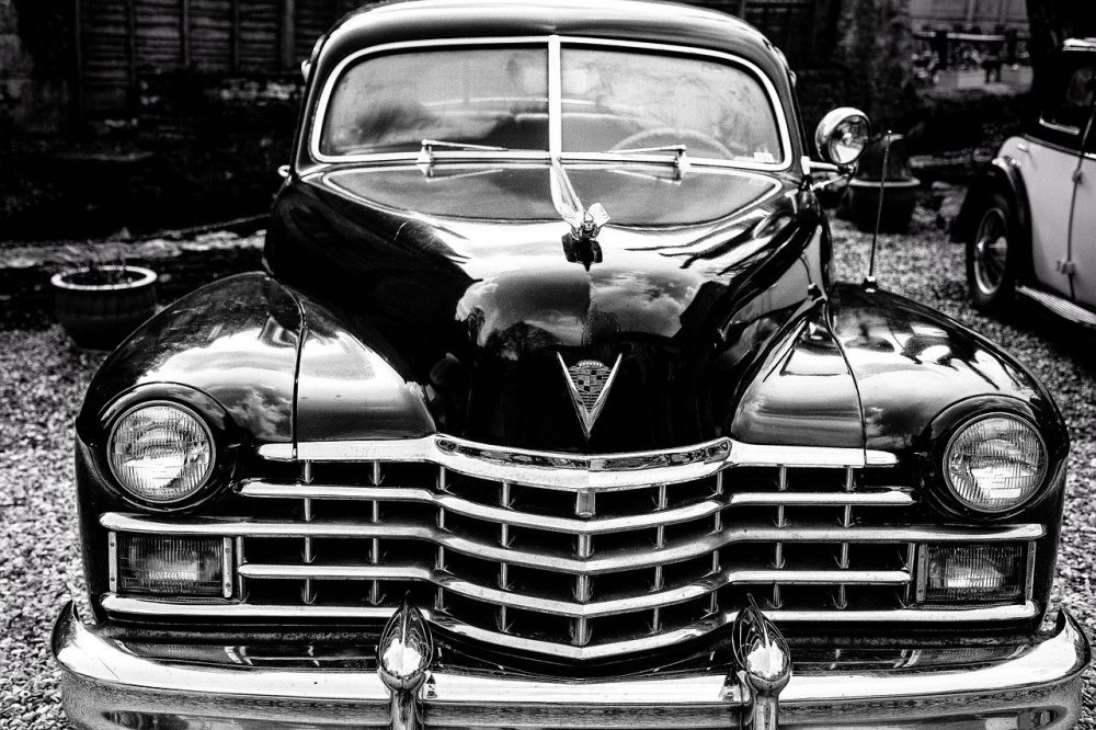 An old car in black and white