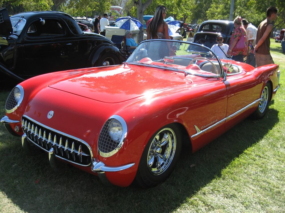 A 1954 Chevrolet Corvette convertible with the top down, not unlike one you would see in Mafia.