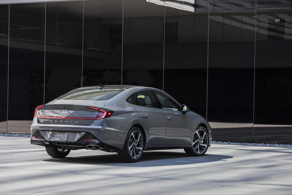 Rear side view of parked 2021 Hyundai Sonata