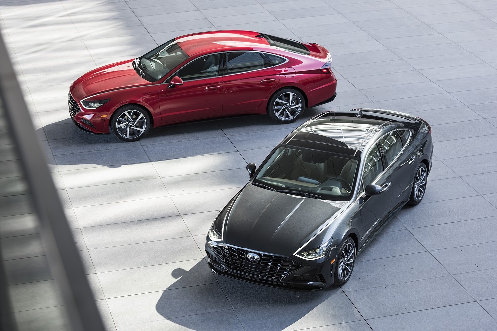 Winners of 2021 Top Safety Pick awards include these black and red Hyundai Sonatas