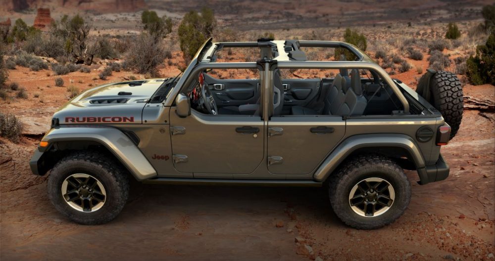 The 2021 Jeep Wrangler with half doors in a desert