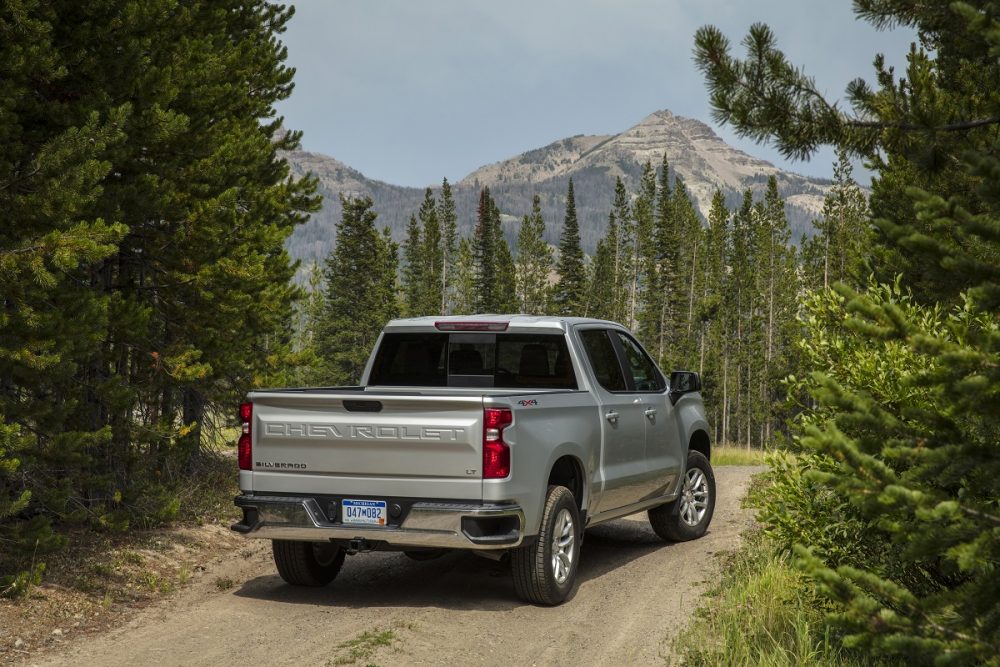 Rear view of 2021 Chevrolet Silverado 1500 in mountains