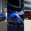 Side by side images of Toyota electrified products: Mirai, charging port closeup, and RAV4 Prime