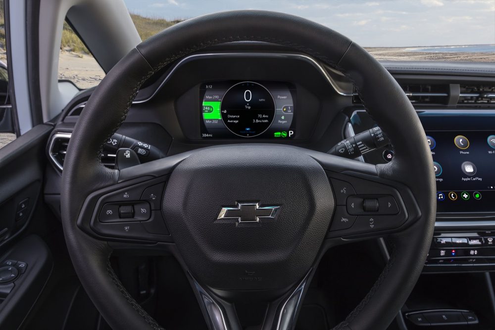 Close-up of 2022 Chevrolet Bolt EV steering wheel