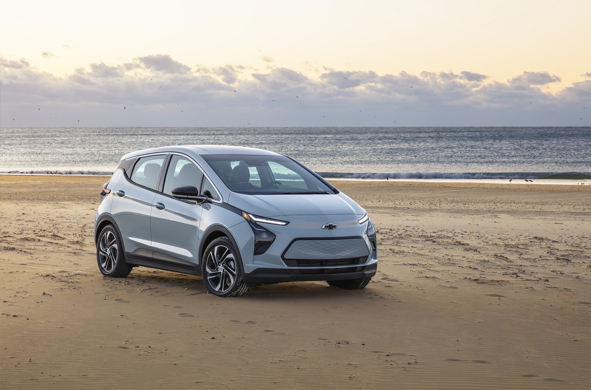 Front side view of 2022 Chevrolet Bolt EV parked on beach