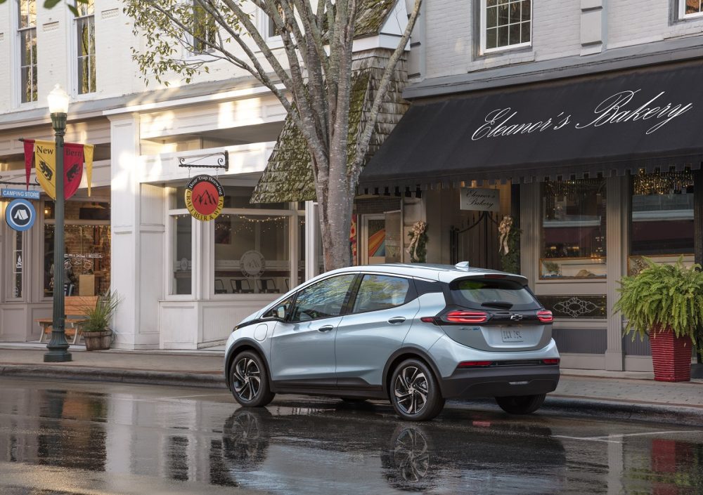 Rear side view of 2022 Chevrolet Bolt EV parked on street