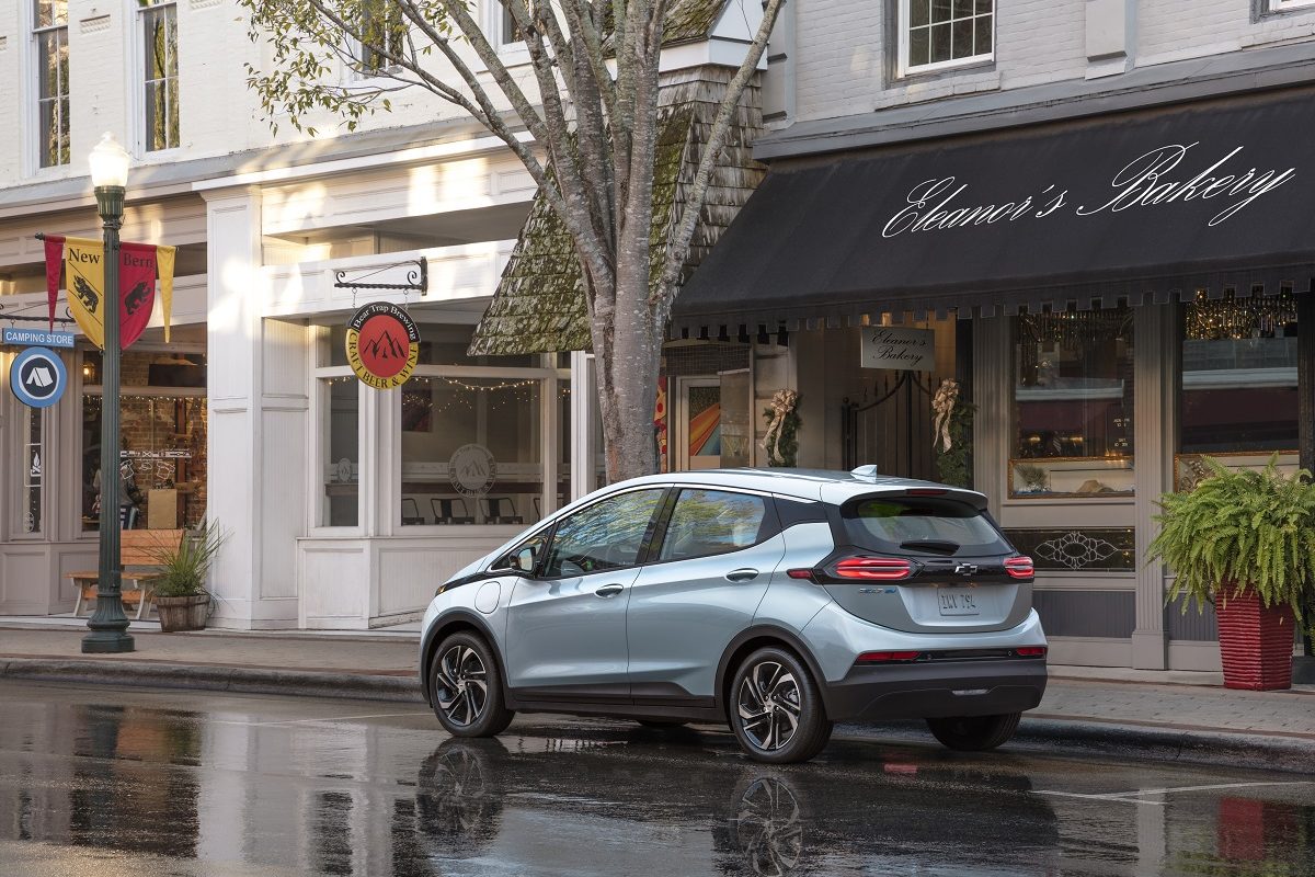 Rear side view of 2022 Chevrolet Bolt EV parked on street