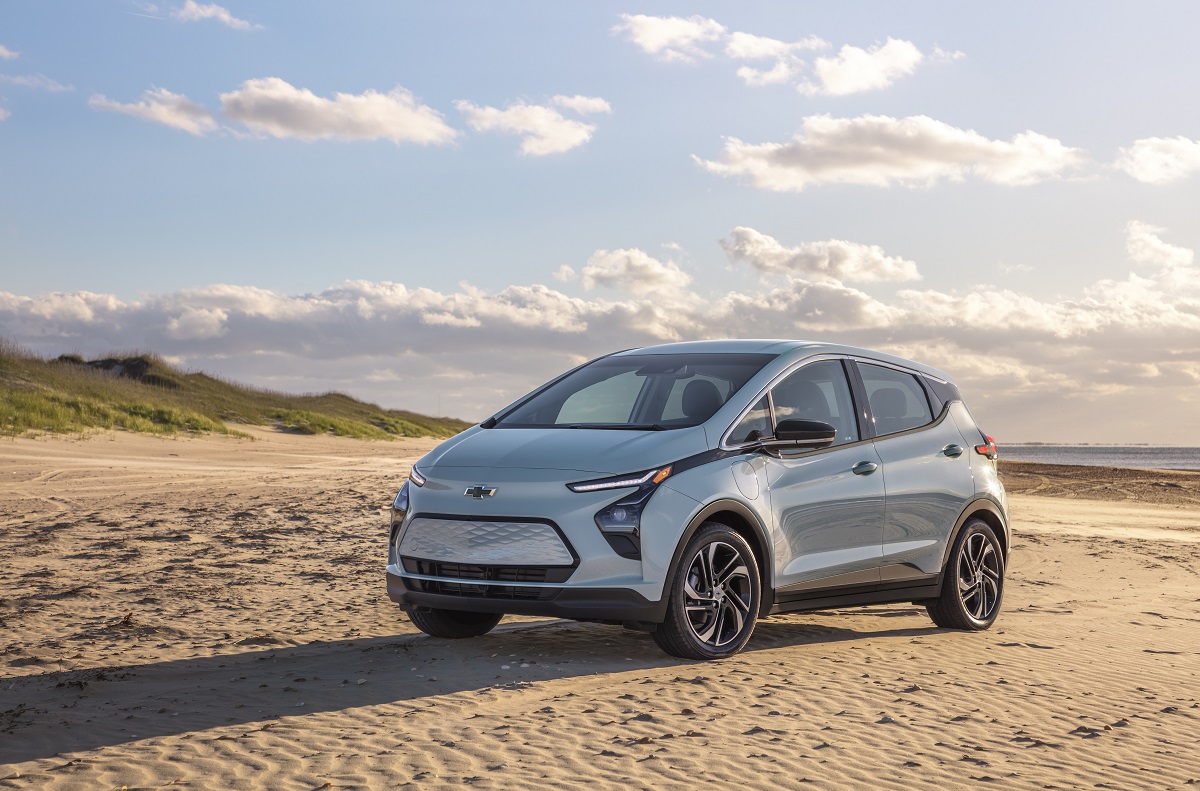 Front side view of 2022 Chevrolet EV parked on beach