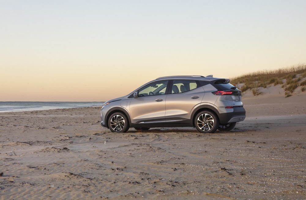 Side view of 2022 Chevrolet Bolt EUV on beach