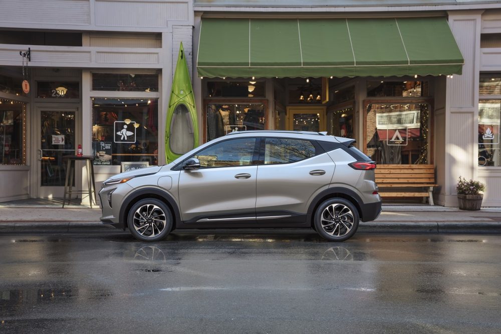 Side view of 2022 Chevrolet Bolt EUV parked on street