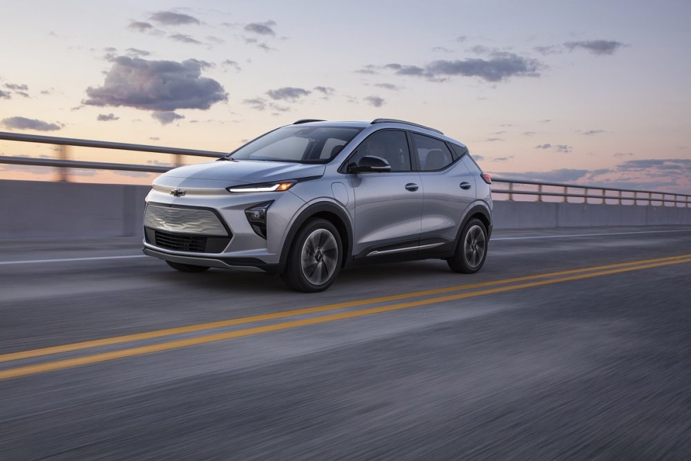 Front side view of 2022 Chevrolet Bolt EUV driving down road