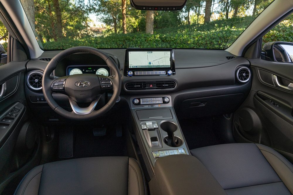 Front seats and dash of 2022 Hyundai Kona Electric