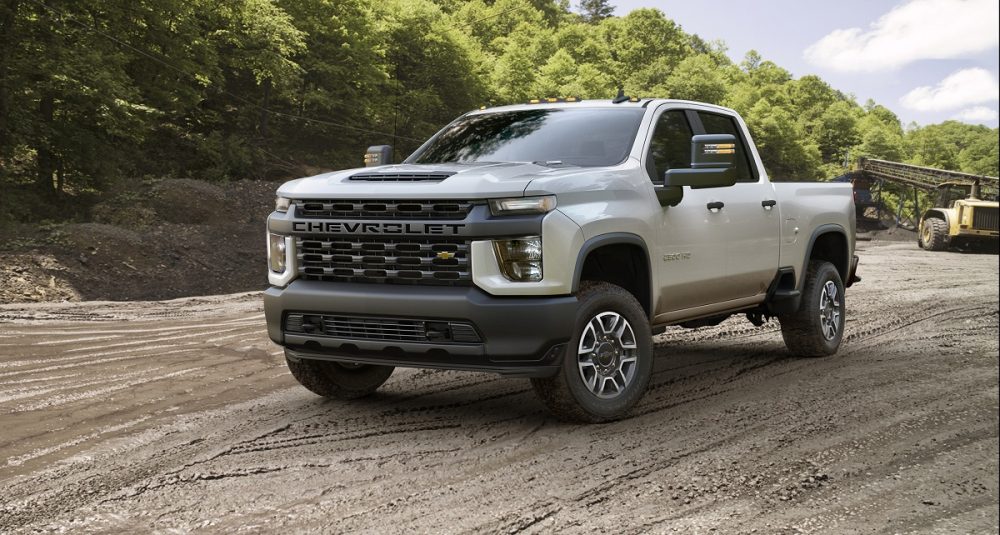 Front side view of Chevrolet Silverado 2500HD WT trim at worksite