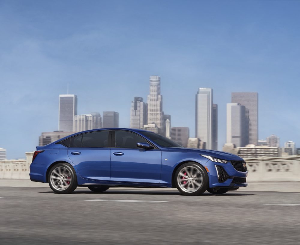 2021 Cadillac CT5 in front of a city skyline