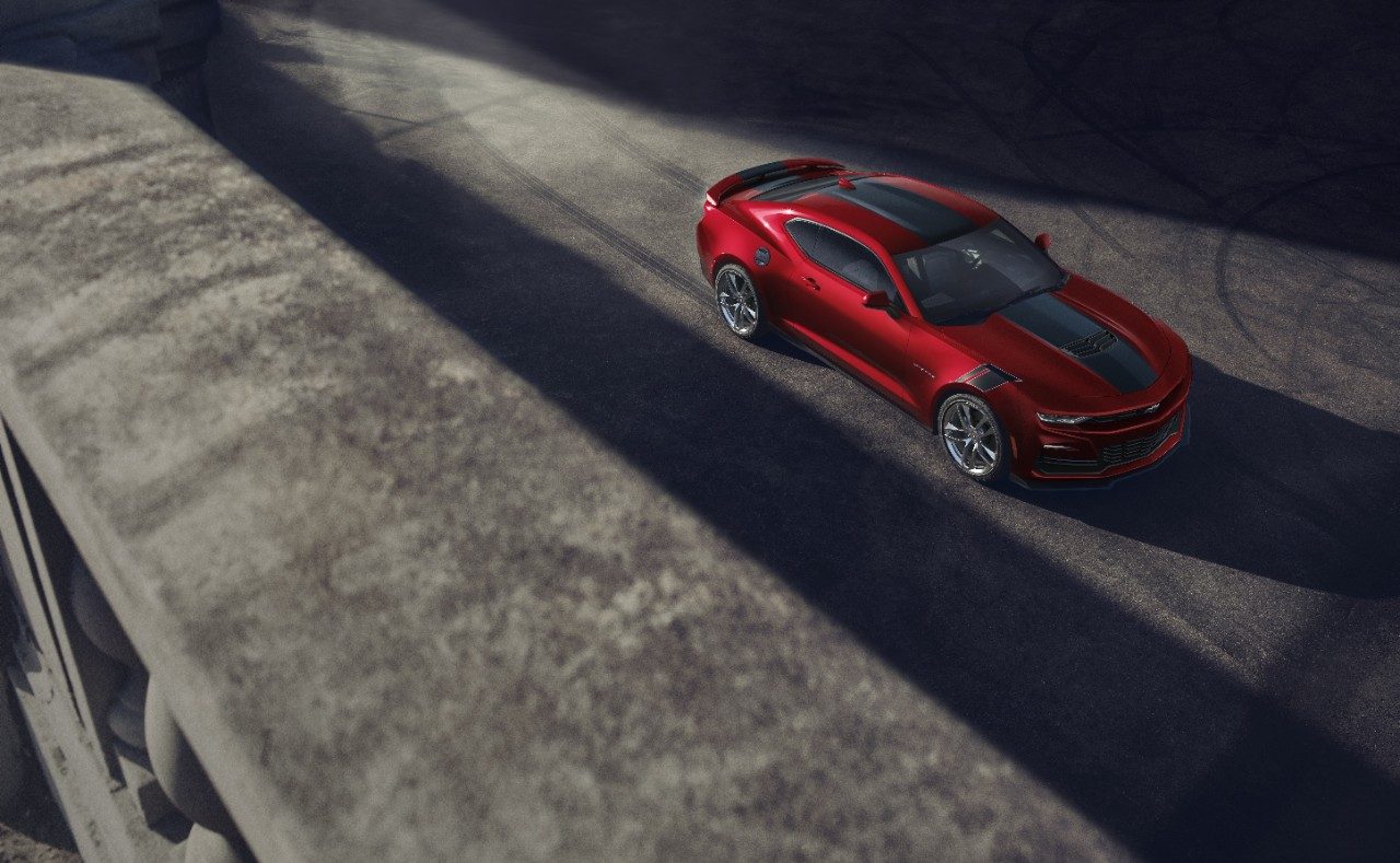 2021 Chevrolet Camaro SS and LT1 parked on a rooftop