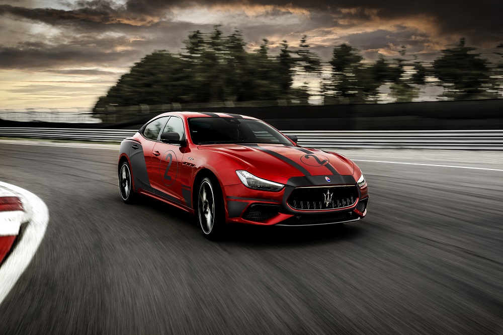 Red 2021 Maserati Ghibli Trofeo at the track