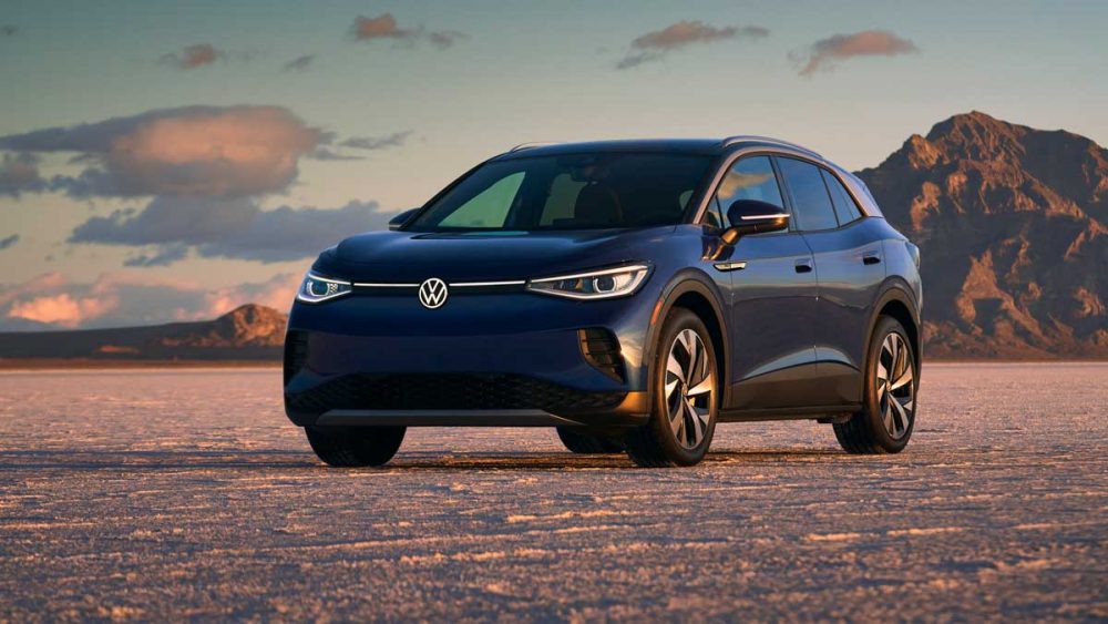 The 2021 VW ID.4 in a desert during a sunset