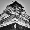 The landmark Osaka Castle in black and white