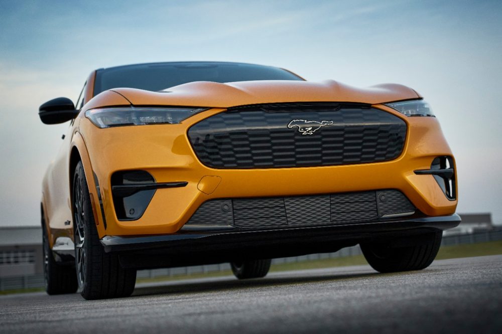 2021 Ford Mustang Mach-E GT in Cyber Orange grille closeup