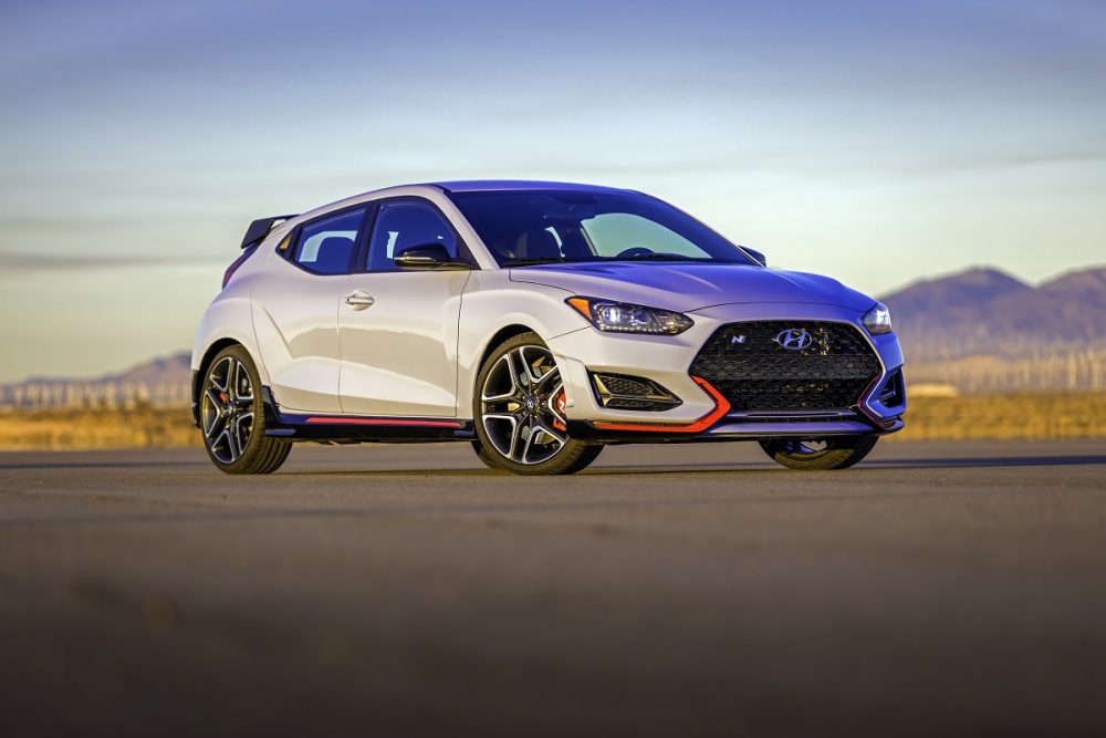 Front side view of parked 2021 Hyundai Veloster N