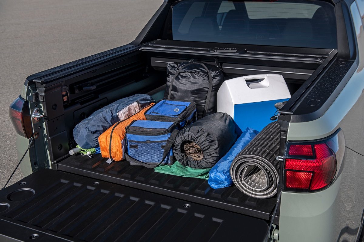 2022 Hyundai Santa Cruz bed filled with camping gear