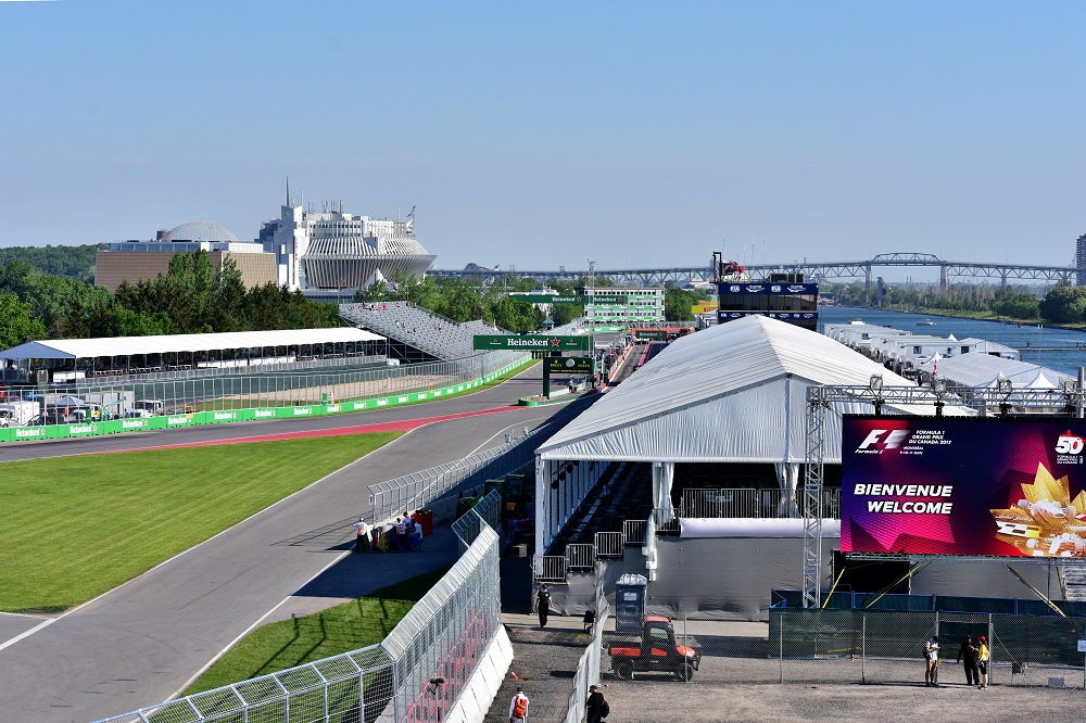 Circuit Gilles Villeneuve, main straight, grandstands, and paddock